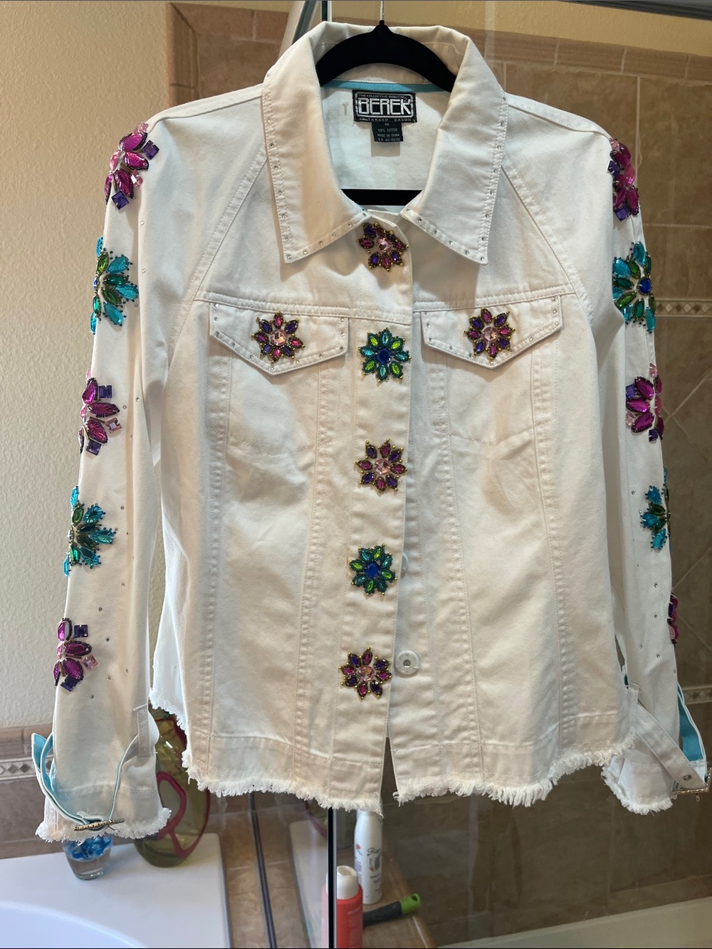 berek White Denim Jacket with Purple, Green & Blue Gem Flowers